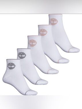 Timberland White Tan Gray Logo Cushioned Quarter Crew Cotton Blend Socks 5 pack